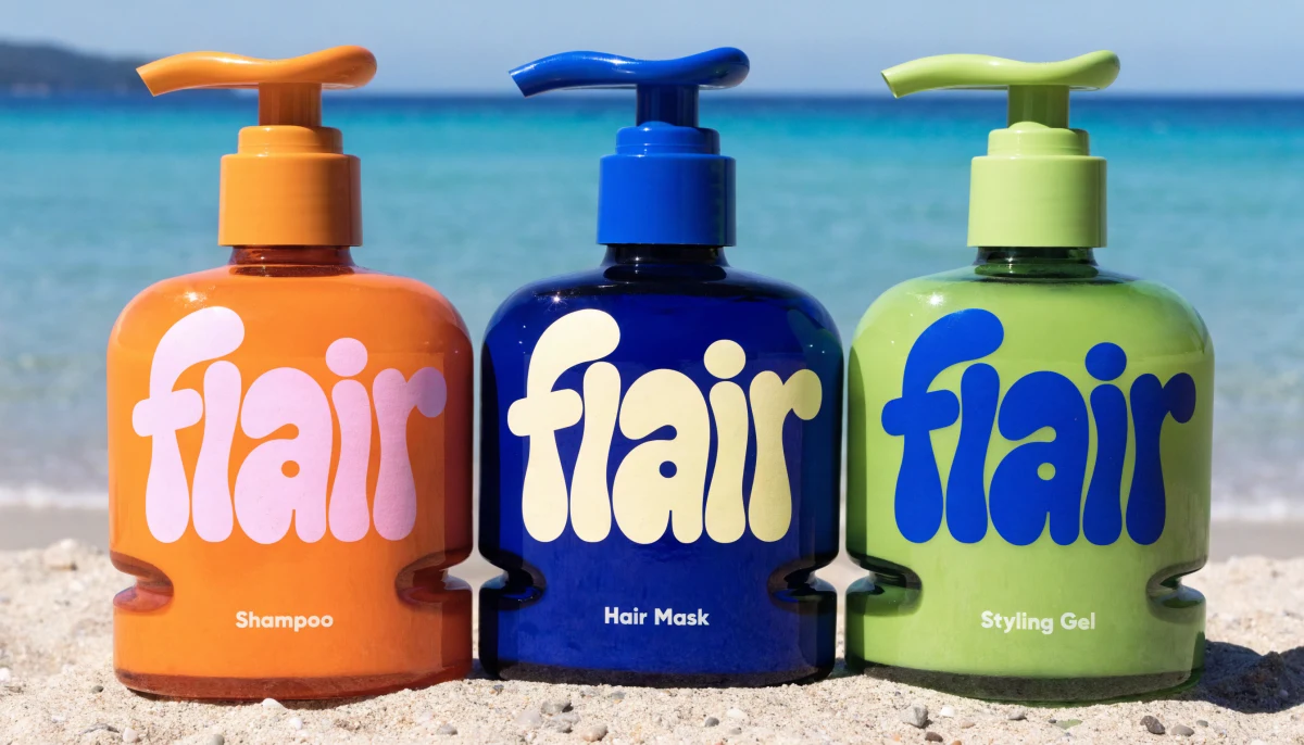 bottles for a haircare company called flair, these cool coloured glas bottles with a chunky pum and bold colored logo wr