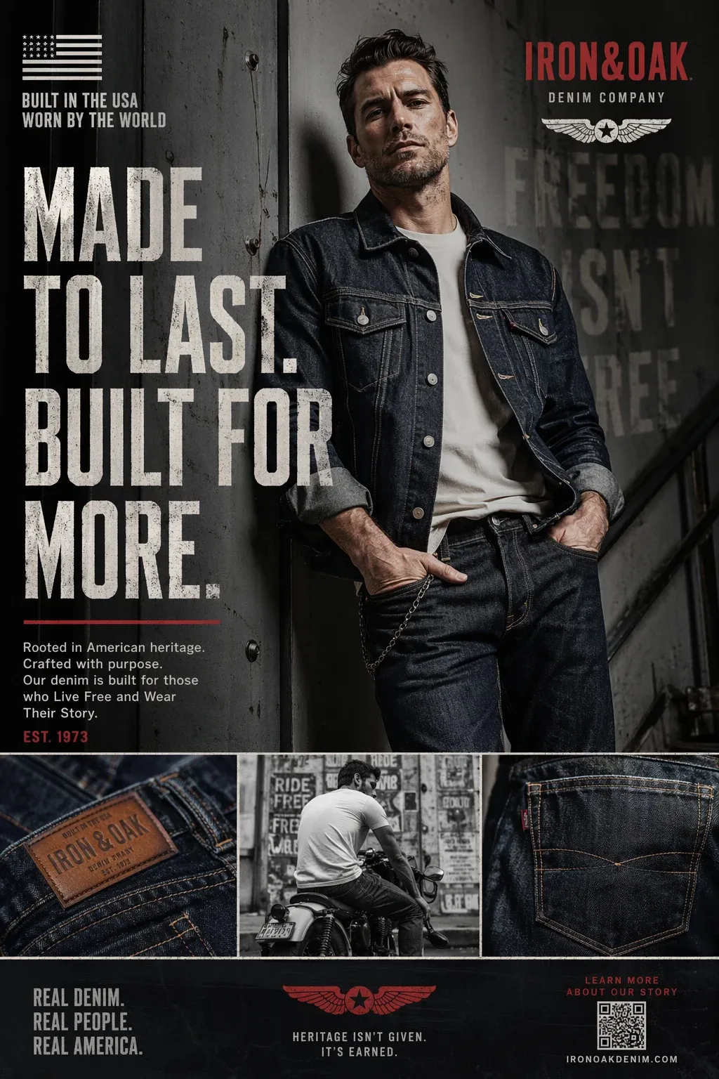 Generate a commercial poster for an American heritage denim brand, featuring heavy-duty denim textures and American stre