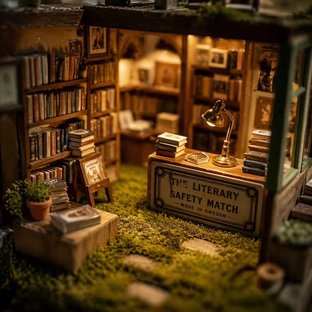 A tilt-shift photograph of a miniature diorama showing a tiny cozy bookshop interior. Bookshelves line the walls, a read