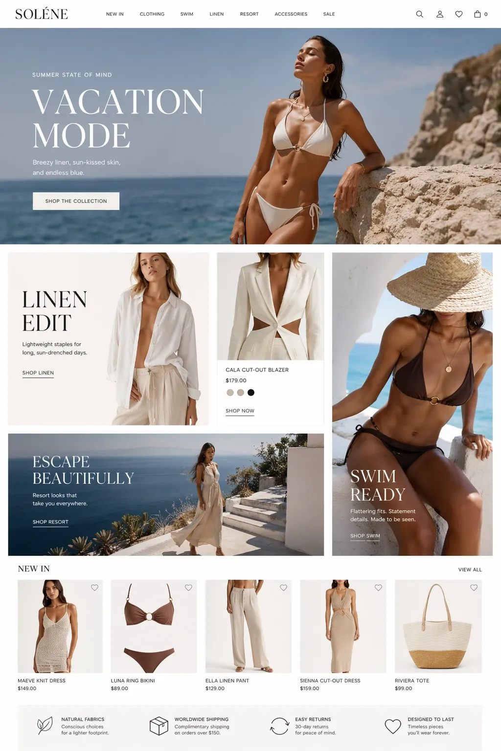 Generate an image of a modern fashion e-commerce web interface, featuring a clean multi-grid layout and masonry typograp