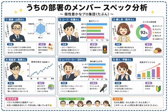 Create a Japanese-language infographic titled "うちの部署のメンバー スペック分析" (Our Department Member Spec Analysis) with subtitle "個