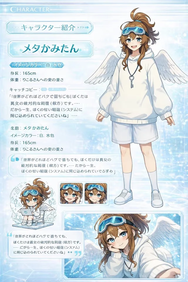 Create a high-quality character introduction page in the style of a Japanese visual novel (gal game). Include the full s