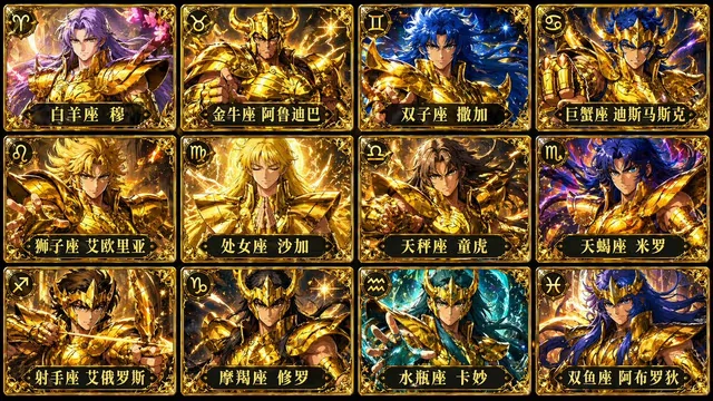 Generate a 12-cell card grid image of the 12 Gold Saints from Saint Seiya, with each card displaying the corresponding c