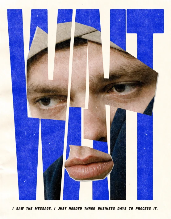 Create a bold editorial collage poster featuring a close-up portrait of a young man partially hidden behind giant oversi