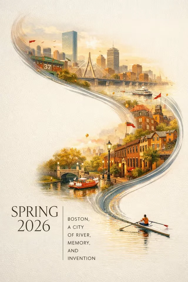 Create a striking Spring 2026 city poster for Boston with an elegant celebratory mood and a bold contemporary design. On