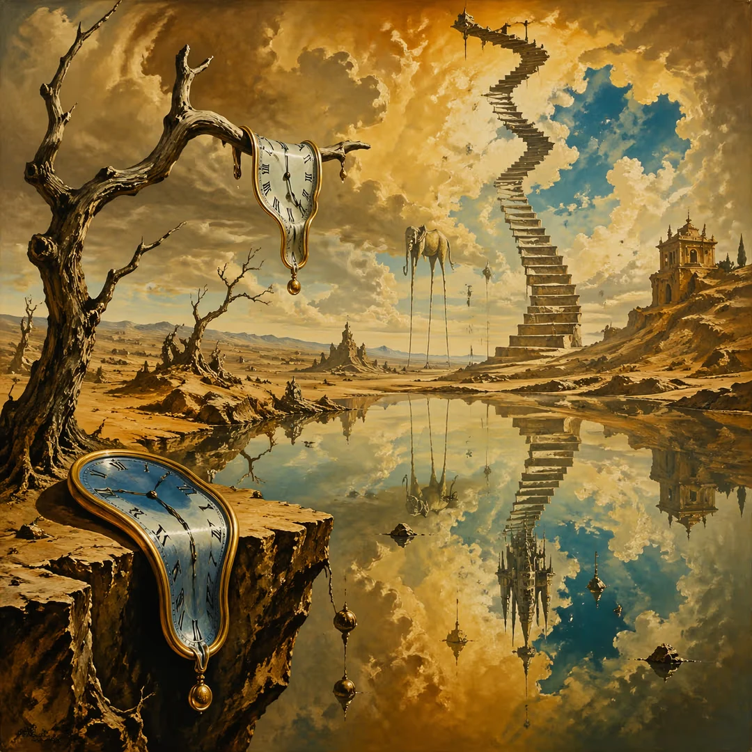 A surrealist landscape painting inspired by Salvador Dalí. A vast desert with melting clocks draped over barren tree bra