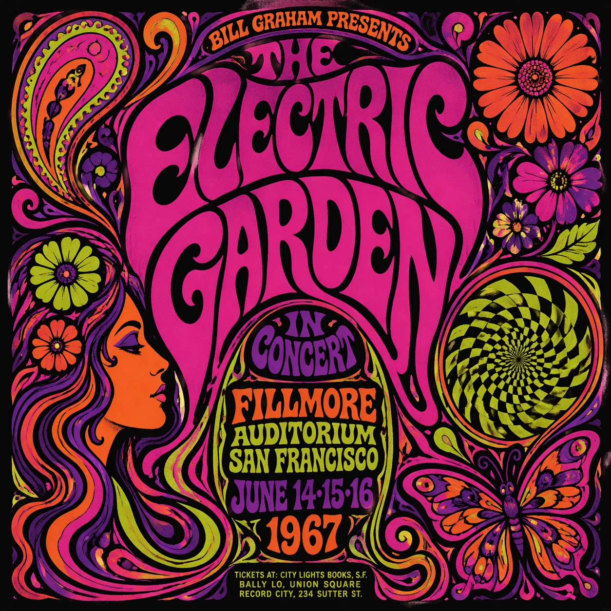 A psychedelic concert poster inspired by 1960s San Francisco rock art. Swirling organic lettering spells out a band name