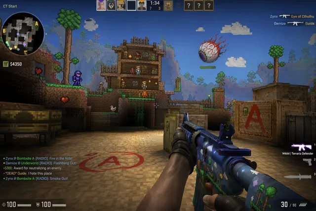 Counter-Strike in-game screenshot, mixed with Terraria. Combine the first-person shooter perspective and tactical gamepl