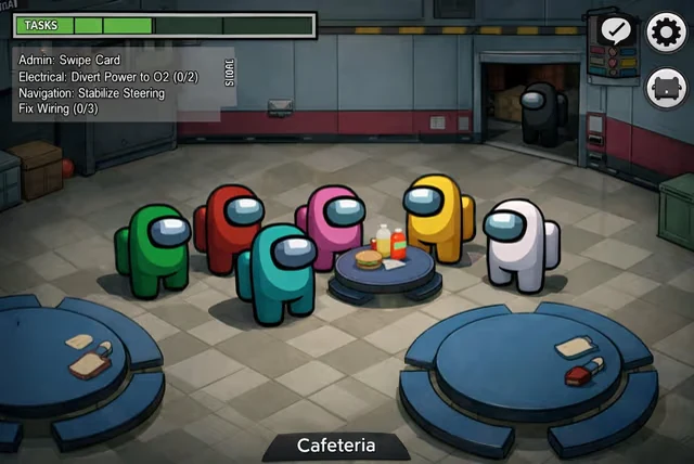 Generate a precise realistic in-game image of Among Us. Maintain the game's distinctive character design (bean-shaped as
