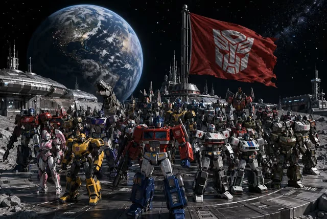 All Autobots assembled at a lunar base, Earth suspended in the starry sky behind them, Cybertronian flag flying proudly.
