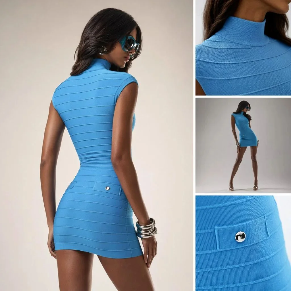 Generate a blue fitted dress fashion ecommerce image set with a minimalist studio background, highlighting back silhouet