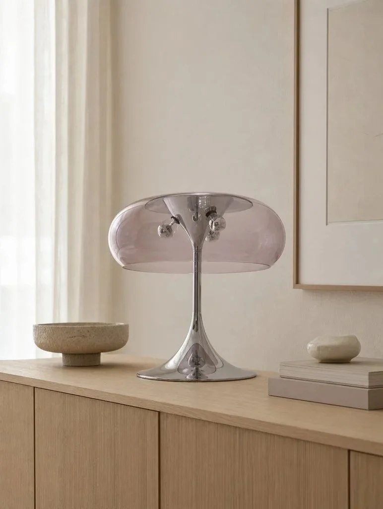 Generate a pink translucent retro lamp ecommerce image set with soft interior lighting, highlighting shade material, met