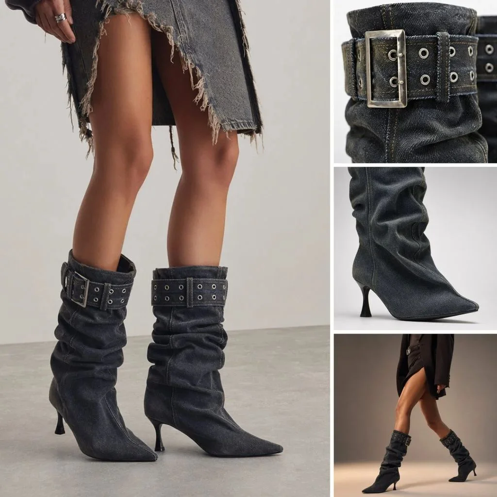 Generate a black studded heeled boots ecommerce image set with a gray-white minimalist studio background, focused on leg