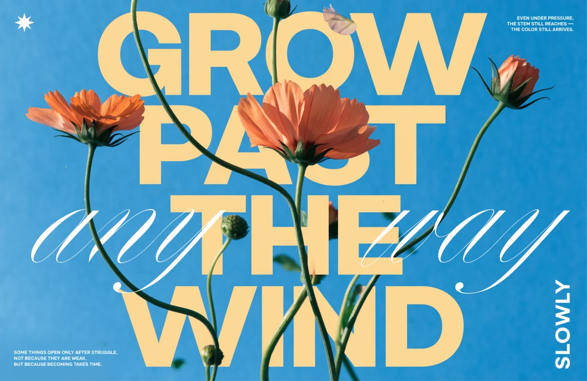 Large-format contemporary editorial poster combining oversized mustard-yellow typography with realistic floral photograp