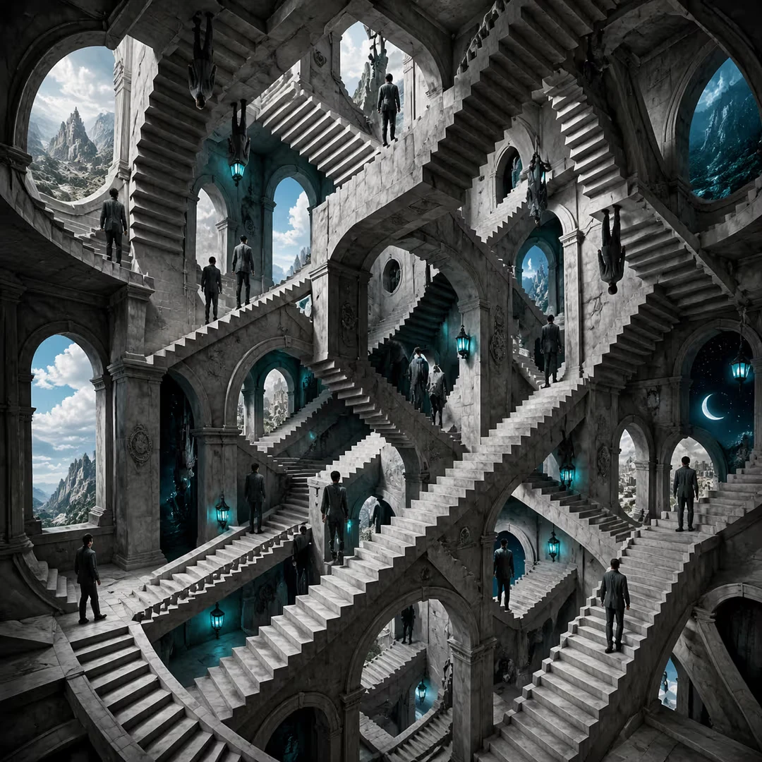 An impossible architecture scene inspired by M.C. Escher. A grand marble staircase that loops infinitely, with people wa