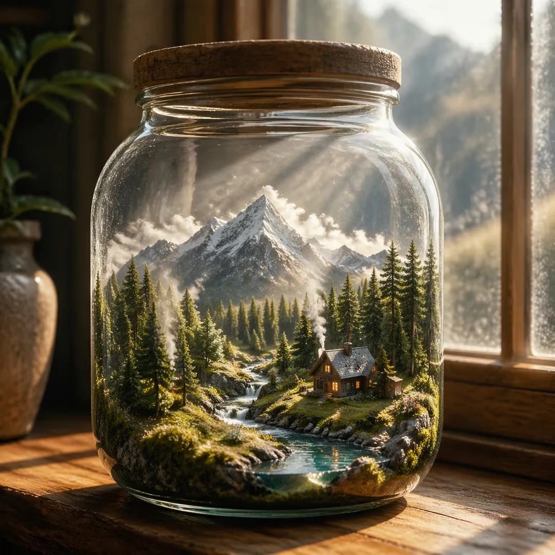 A photorealistic image of a miniature world inside a sealed glass jar. Inside: a tiny snow-capped mountain, a pine fores