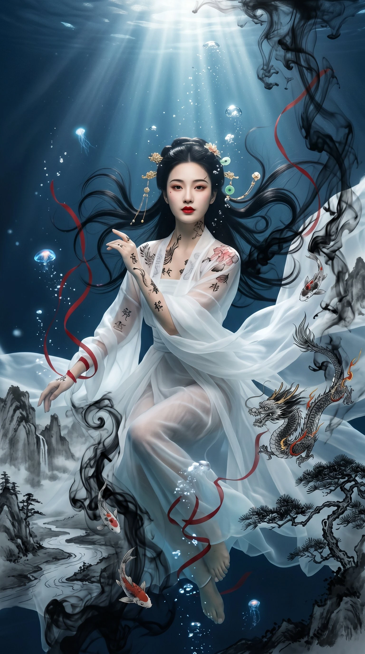 Surreal underwater ink painting portrait