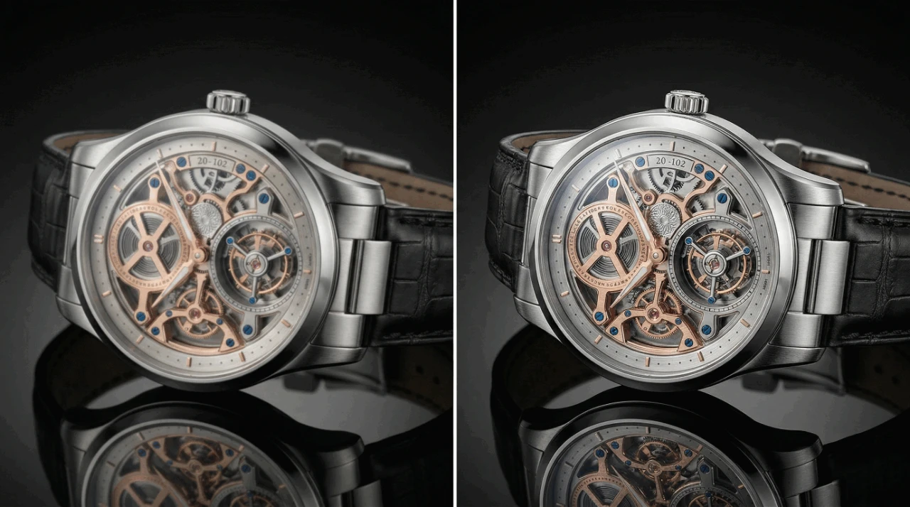 Using the provided luxury skeleton watch image, generate two side-by-side product shots of the same watch from slightly different angles. Keep the watch design, rose-gold movement, blue jewels, silver case, and black leather strap exactly the same. Use a dark reflective surface with mirror-like reflections underneath. Studio lighting with soft highlights on the metal surfaces. The final image should look like a premium watch brand advertising photo. Ultra high resolution, sharp details, professional product photography.