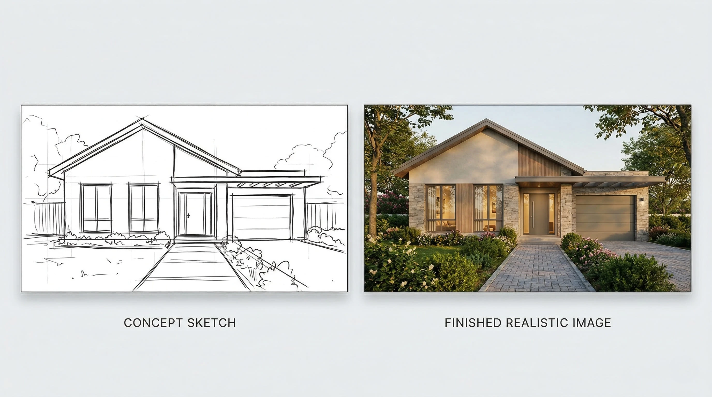 Transform this rough environment sketch into a finished scene with richer lighting, natural texture, color, and a more realistic atmosphere.